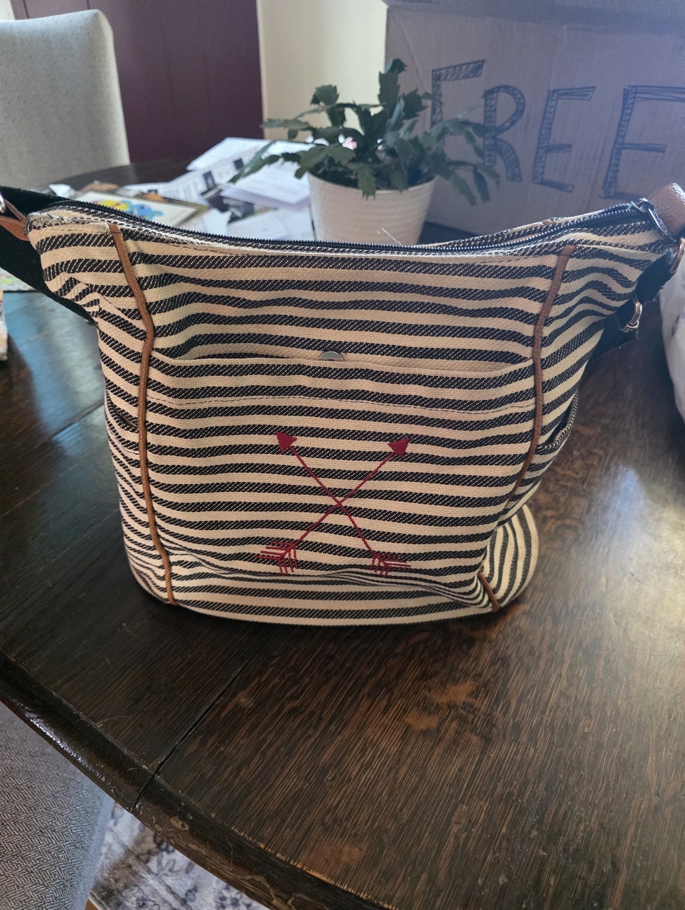Striped Canvas Crossbody Bag with Red Arrow Accent - THIRTY-ONE